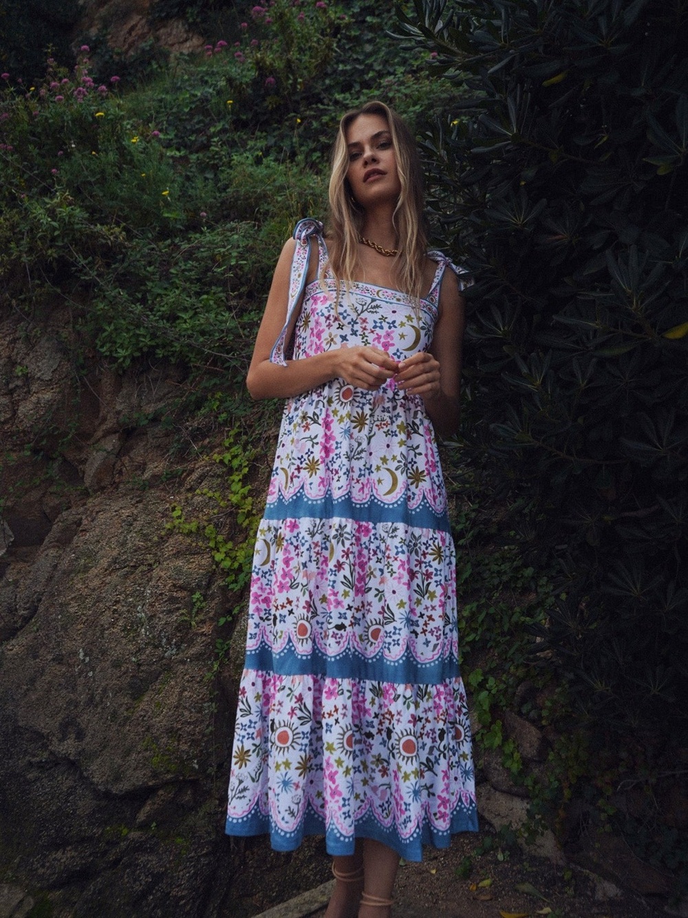 Bohemian Floral Tiered Maxi Dress with Tie Straps - White/Blue/Pink